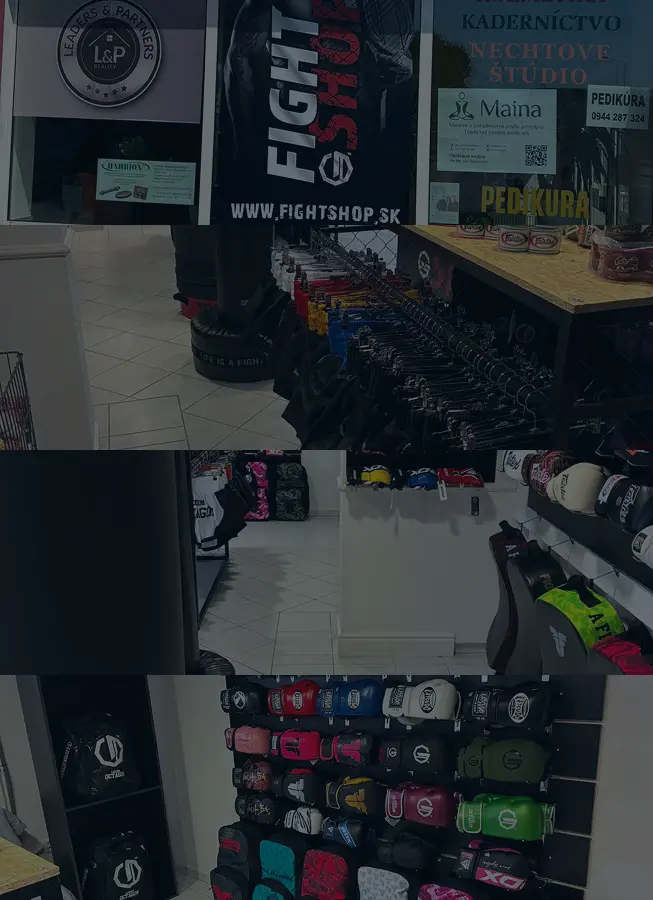 Predajňa Fightshop Trnava — interiér a výber rukavíc